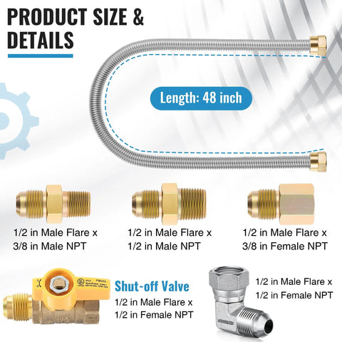 2 Pack 48 Inch Gas Hose Connector Universal Gas Appliance Hook Up Kit with 1/2 Inch On/Off Valve and Four Couplings