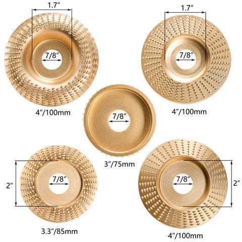 Five Piece Wood Carving Disc Set For Four Inch And Four And A Half Inch Angle Grinders With Seven Eighth Inch Arbor Grind Wheels