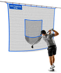 Golfer using 10 By 10 Ft Golf Net With Target Pocket For Home Practice And Multi Sport Training, blue edges, portable setup