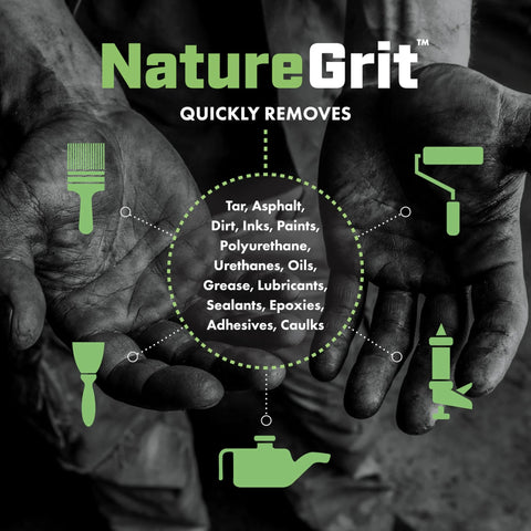 Front view of NatureGrit hand and surface wipes packaging with green tool icons; box of 6 canisters.
