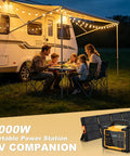 Top Shelf Solar Generator Bundle 200 Watt Panel Hooked Up To 1000 Watt Power Station providing power for family camping dinner.