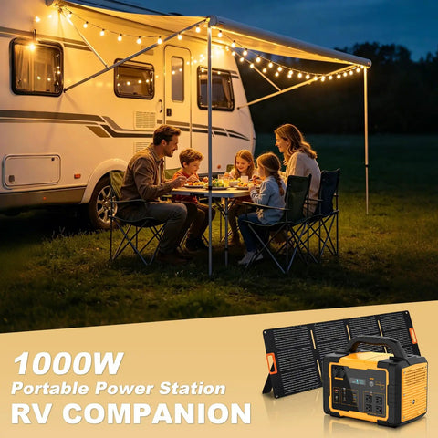 Top Shelf Solar Generator Bundle 200 Watt Panel Hooked Up To 1000 Watt Power Station providing power for family camping dinner.