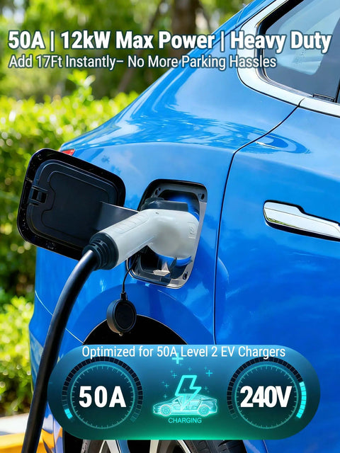 Heavy Duty 17 Ft Ev Charger Extension Cable 50A Sae J1772 Plug And Play 240V Level 2 Fast Charging plugged into electric vehicle