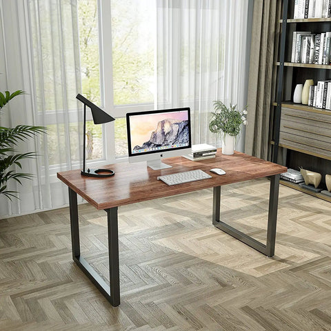 Modern desk setup with computer on a wooden tabletop supported by Beefy Heavy Duty Metal Table Legs Set of 2, 28 Inch Tall by 17.7 Inch Wide.
