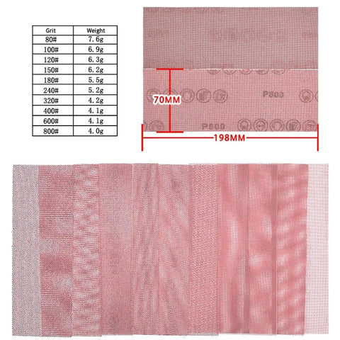 Awesome Set Of 5 Square Mesh Sanding Discs With Hook And Loop Backing For Wood Metal Walls; 70x198mm discs with various grits.