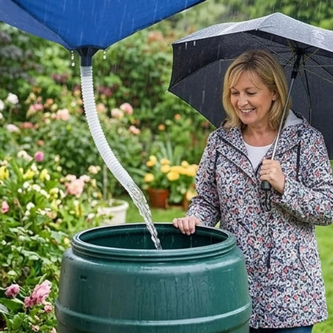 Woman collecting rain in barrel using Rainwater Collection System With Hose, Water Storage Bag And Roof Drain Fitting Tarp For Lawn, Garden.