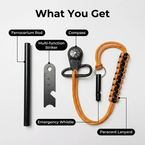 Easy Fire Starter Rod With Compass For Camping And Hiking, Magnesium Ferrocerium Fire Spark Rod 3/8 Inch By 6 Inch with multi-tool strikes