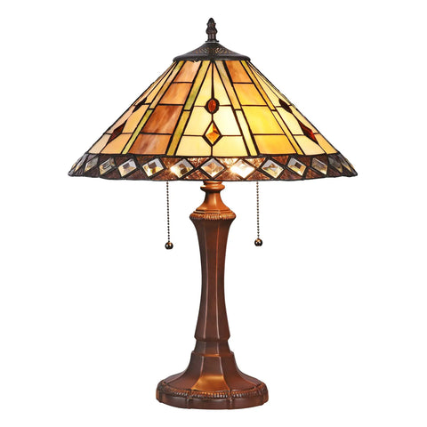 Old School Tiffany Style Geometric 2 Light Table Lamp With 16 Inch Shade and Vintage Glass Beads and Crystal Accents
