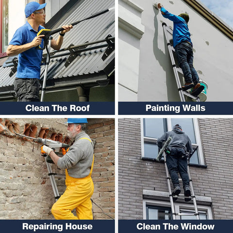 Four uses of No Fuss Collapsible Aluminum Telescoping Ladder 10.5 Ft With Locking System: roofing, painting, repairing, window cleaning