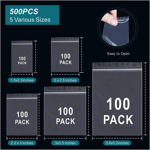 Five Size Clear Plastic Bags Mega Pack 500 Pcs In 5 Assorted Sizes With 100 Each Resealable Poly Bags For Jewelry Pills Candy