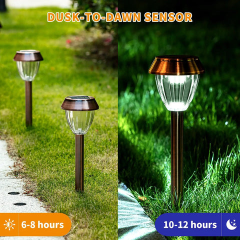 Solar Pathway Lights 6 Pack Outdoor Waterproof Garden Lighting Stainless Steel Walkway Lamps Cold White 15 Lumen LEDs With Up To 12 Hours Of Ultra Bright Night Illumination shown illuminating a garden path.