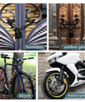 Installation of Heavy Duty Weather Resistant Padlock With Chain For Fences Gates And Outdoor Gear Anti Theft Hardened Security Chain Lock 6mm Thick Built Tough For Motorcycles Bicycles Outdoor Furniture And More on multiple items including gate, door, bicycle, and motorcycle.