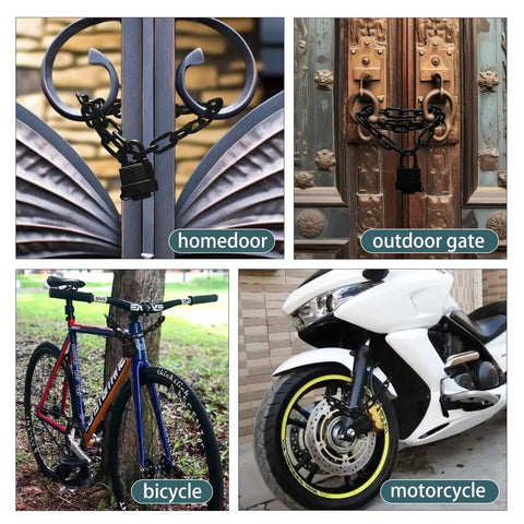 Installation of Heavy Duty Weather Resistant Padlock With Chain For Fences Gates And Outdoor Gear Anti Theft Hardened Security Chain Lock 6mm Thick Built Tough For Motorcycles Bicycles Outdoor Furniture And More on multiple items including gate, door, bicycle, and motorcycle.