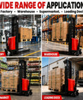 Rock Solid 3306 Lbs Semi Electric Pallet Stacker in factory setting lifting boxes with 48V battery and 2.2 kW motor.