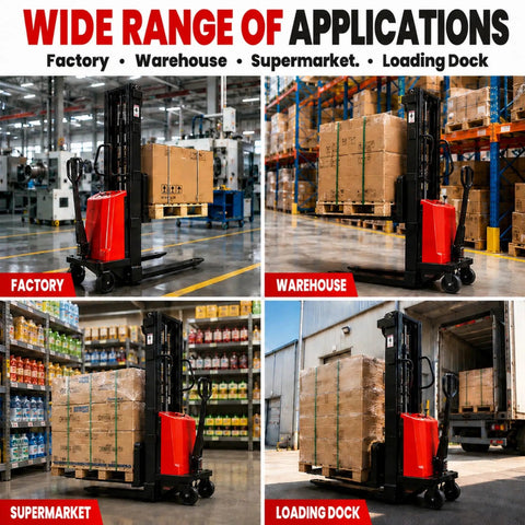 Rock Solid 3306 Lbs Semi Electric Pallet Stacker in factory setting lifting boxes with 48V battery and 2.2 kW motor.