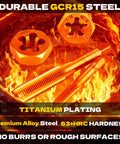 All In One 86 Piece SAE And Metric Tap And Die Set For Threading with durable GCR15 steel and titanium plating in fiery background