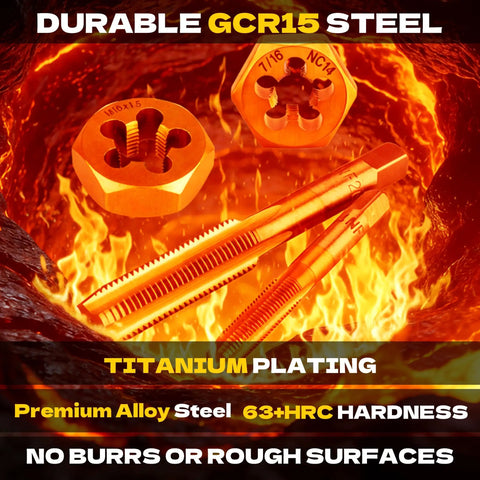 All In One 86 Piece SAE And Metric Tap And Die Set For Threading with durable GCR15 steel and titanium plating in fiery background