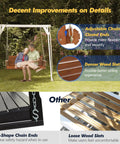 Built Tough Outdoor Wooden Porch Swing With Adjustable Chains 880 Lb Capacity 5 Ft Brown Garden Bench Seat For Patio Courtyard Weather Ready Backyard Swing installed with couple sitting and close-ups of chain and seat details.