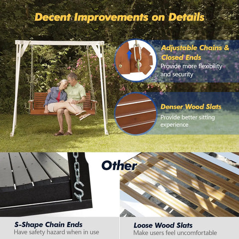 Built Tough Outdoor Wooden Porch Swing With Adjustable Chains 880 Lb Capacity 5 Ft Brown Garden Bench Seat For Patio Courtyard Weather Ready Backyard Swing installed with couple sitting and close-ups of chain and seat details.