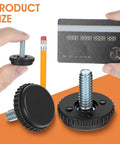 100 Pack 1/4-20 Stainless Steel Adjustable Furniture Levelers Screw In Threaded Leveling Feet for Tables Chairs Cabinets shown next to a credit card.
