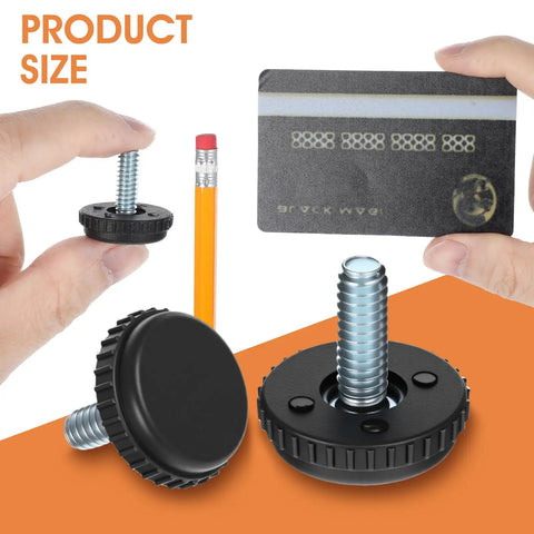 100 Pack 1/4-20 Stainless Steel Adjustable Furniture Levelers Screw In Threaded Leveling Feet for Tables Chairs Cabinets shown next to a credit card.