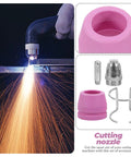 Premium Plasma Cutter Tips Kit With Steel Electrodes And Nozzles Plus Protective Covers For Fast Precise Cuts And Easy Install On Any Cutting Machine Without Burrs, featuring cutting nozzle in action.