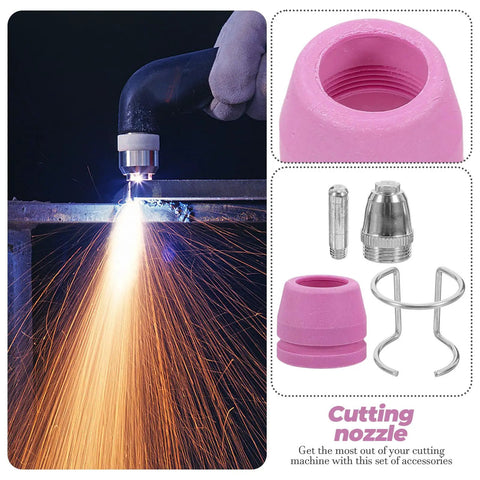 Premium Plasma Cutter Tips Kit With Steel Electrodes And Nozzles Plus Protective Covers For Fast Precise Cuts And Easy Install On Any Cutting Machine Without Burrs, featuring cutting nozzle in action.