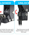 Close-up of the lock-unlock mechanism on a Ceiling Ladder Hoist System For Garage Storage Heavy Duty Pulley Lift Holds Up To 150 Lbs For Ladders Kayaks Bikes Canoes And Cargo Boxes Fits 10 To 18 Foot Ceilings Black No Fuss Install Space Saver Design For Busy Garages.