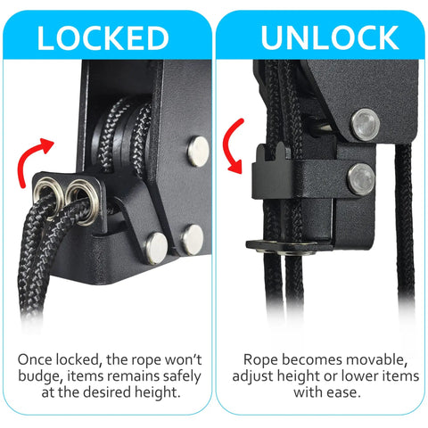 Close-up of the lock-unlock mechanism on a Ceiling Ladder Hoist System For Garage Storage Heavy Duty Pulley Lift Holds Up To 150 Lbs For Ladders Kayaks Bikes Canoes And Cargo Boxes Fits 10 To 18 Foot Ceilings Black No Fuss Install Space Saver Design For Busy Garages.