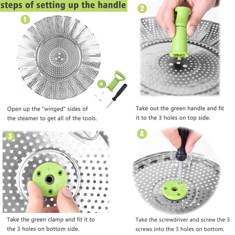 Steps to assemble Vegetable Steamer Basket For Cooking Stainless Steel Folding Expandable Steaming Insert With Extendable Handle.