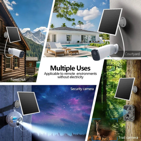 6W Outdoor Security Camera Solar Panel With Micro USB And USB C Port For Battery Cameras Fast Charging 5V DC Output IP65 Weatherproof 360 Degree Adjustable Mount 9.8 Foot Cable Compatible With Wyze And Reolink in multiple installations