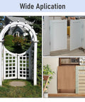 Home Master Hardware 3-inch double-action hinge kit for saloon doors, 2-pack; shown on white cabinets and garden gate.