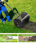 24 Inch Compost And Top Dressing Spreader For Lawns With Peat Moss Capabilities in use on a lawn, showing adjustable design and mesh top