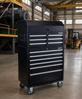 Rolling Tool Cabinet With Detachable Top Toolbox Two In One Modular Tool Storage Cart Lockable Wheels And Ball Bearing Sliders Beefy Heavy Duty Metal Chest In Black Powder Coat For Garage Workshop And Warehouse front view in warehouse