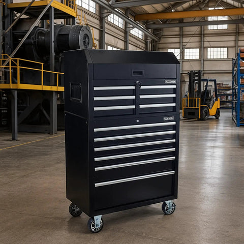 Rolling Tool Cabinet With Detachable Top Toolbox Two In One Modular Tool Storage Cart Lockable Wheels And Ball Bearing Sliders Beefy Heavy Duty Metal Chest In Black Powder Coat For Garage Workshop And Warehouse front view in warehouse