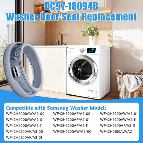 Beefed Up DC97 18094B Washer Door Boot Seal Gasket Replacement shown next to Samsung front-load washing machine in laundry room