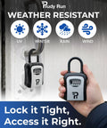Rugged Outdoor Key Lock Box with 4 Digit Combination being held and wall-mounted, weatherproof zinc alloy, 6.7 inch