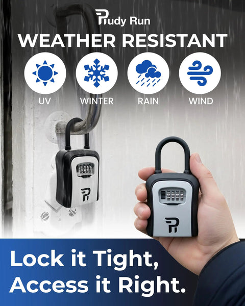 Rugged Outdoor Key Lock Box with 4 Digit Combination being held and wall-mounted, weatherproof zinc alloy, 6.7 inch