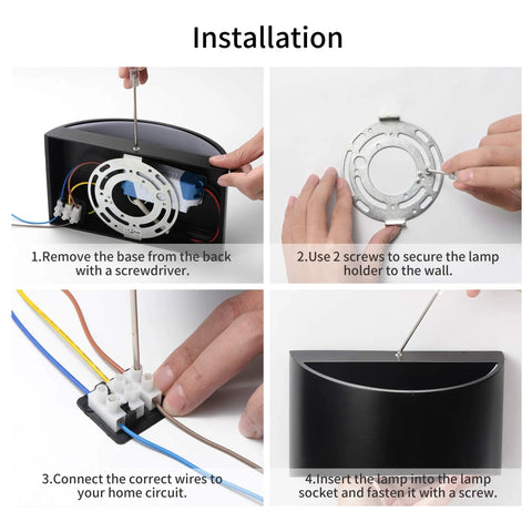 Dimmable Black LED Wall Sconces Set Of 2 With Up Down Lighting installation steps, showing screwdriver use and wiring connections.