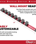 Three Quarters Inch Drive Socket Organizer Red Rail For Impact Sockets, Heavy Duty Aluminum Holder With ABS Clips, Side View