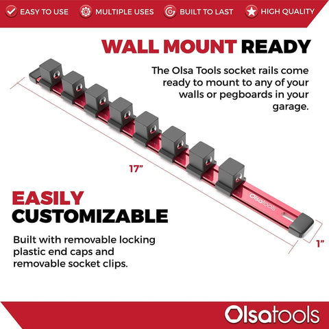 Three Quarters Inch Drive Socket Organizer Red Rail For Impact Sockets, Heavy Duty Aluminum Holder With ABS Clips, Side View