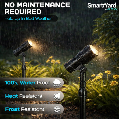 Outdoor Solar Spotlight Set Two Pack With Fifteen Inch Panel Waterproof LED Easy Install illuminating garden in rain