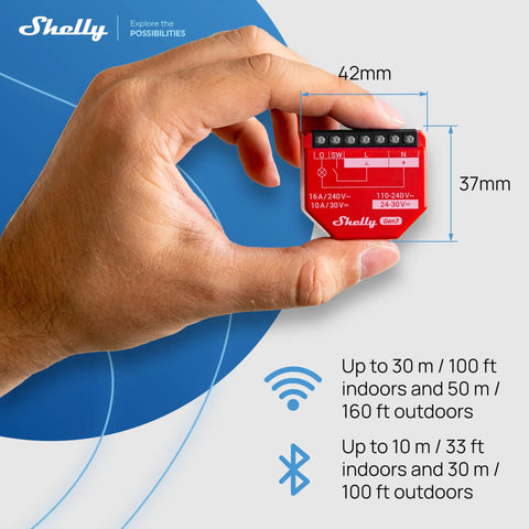 Person holding One Channel 16A WiFi Smart Relay Switch With Power Metering For Home Automation, dimensions shown
