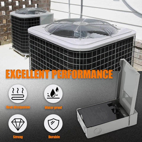 Built Tough And Weatherproof 60 Amp AC Disconnect Switch Box For Outdoor Units Zero Drama Power Shutoff 120 240 Volt NEMA 3R Galvanized Steel Panel next to air conditioning units