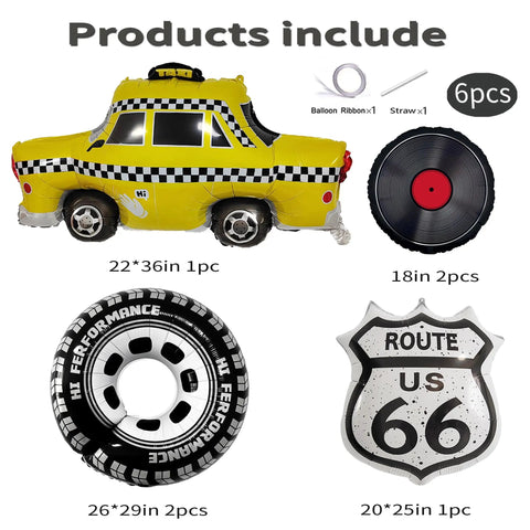Route 66 Retro Party Balloons Kit With Vintage Car Tire Decor And Vinyl Record Foil Balloons Shield Sign Old School Road