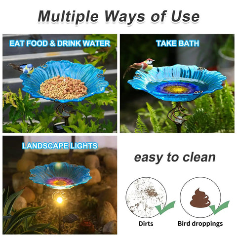 Solar Glass Blue Bird Bath On Metal Stake With White LED Light, Outdoor Garden Birdbath Yard Art Decor, Glass Globe Glows At Night, Durable Weather Resistant, Pet Safe, Perfect Gift For Garden Lovers