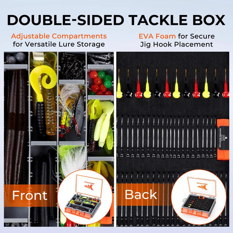 HyperSeal 3500 Double Sided Waterproof Fishing Tackle Box showing adjustable dividers and EVA foam inserts
