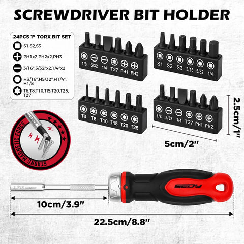 Ultimate 26-Piece Ratcheting Screwdriver Bit Set With S2 Steel Bits, Magnetic Driver And Telescopic Rod Perfect For Any Garage, Home Repair Or DIY Project That Demons High Performance And Reliability. 26-piece bit holder set with magnetic driver and 22.5cm handle