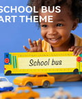 Child holding colorful desk name plate with school bus art and alphabet, part of 40 Pack Desk Name Plates For Classroom With Alphabet And Number Line, Traditional Manuscript Style Desk Labels For Students, 12 Inch By 3.5 Inch, Kid Friendly Classroom Organization