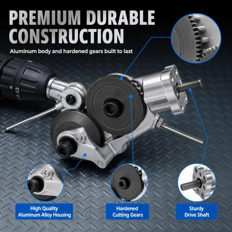 Upgraded Electric Drill Plate Cutter Attachment Metal Nibbler showing aluminum body and hardened gears for durability.